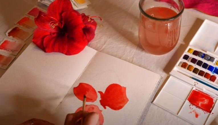 premier-lavis-aquarelle-fleur-rouge-ombrages-au-pinceau